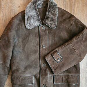 Brown Lambskin suede and shearling wool men's leather coat fits about large
